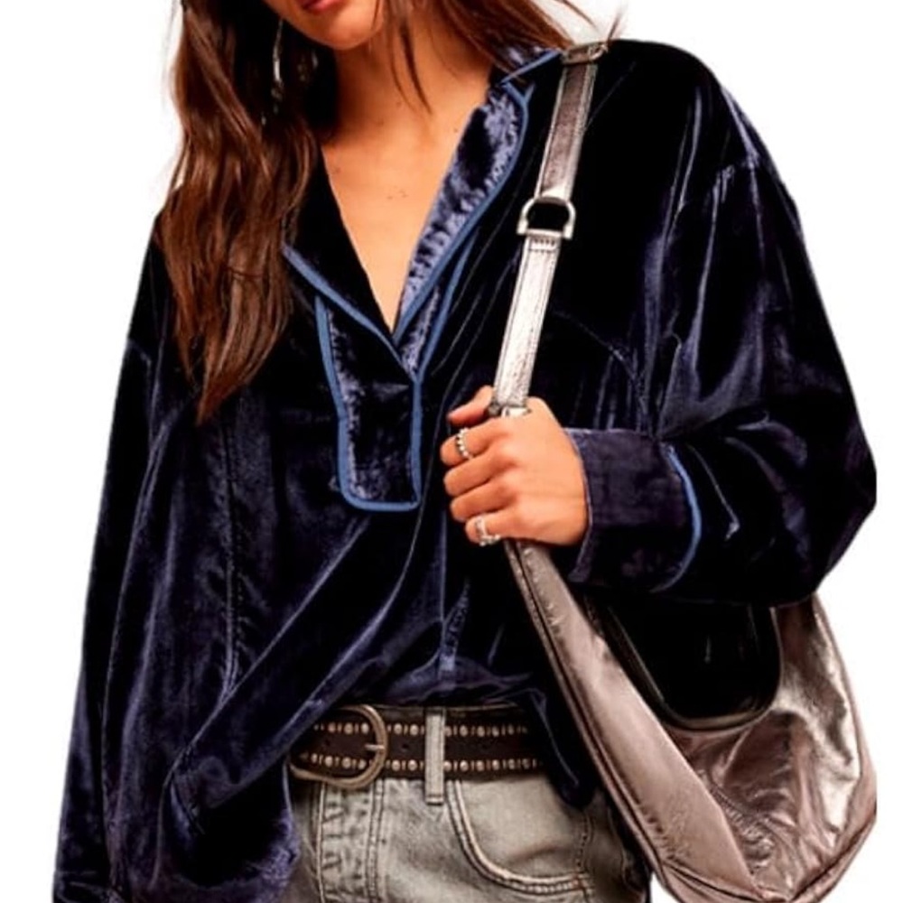 We The Free Navy Blue Velvet Blouse